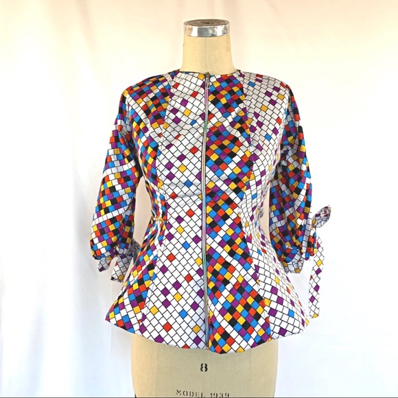 Homemade Tetris Print Peplum Blouse Small - Picture 3 of 14